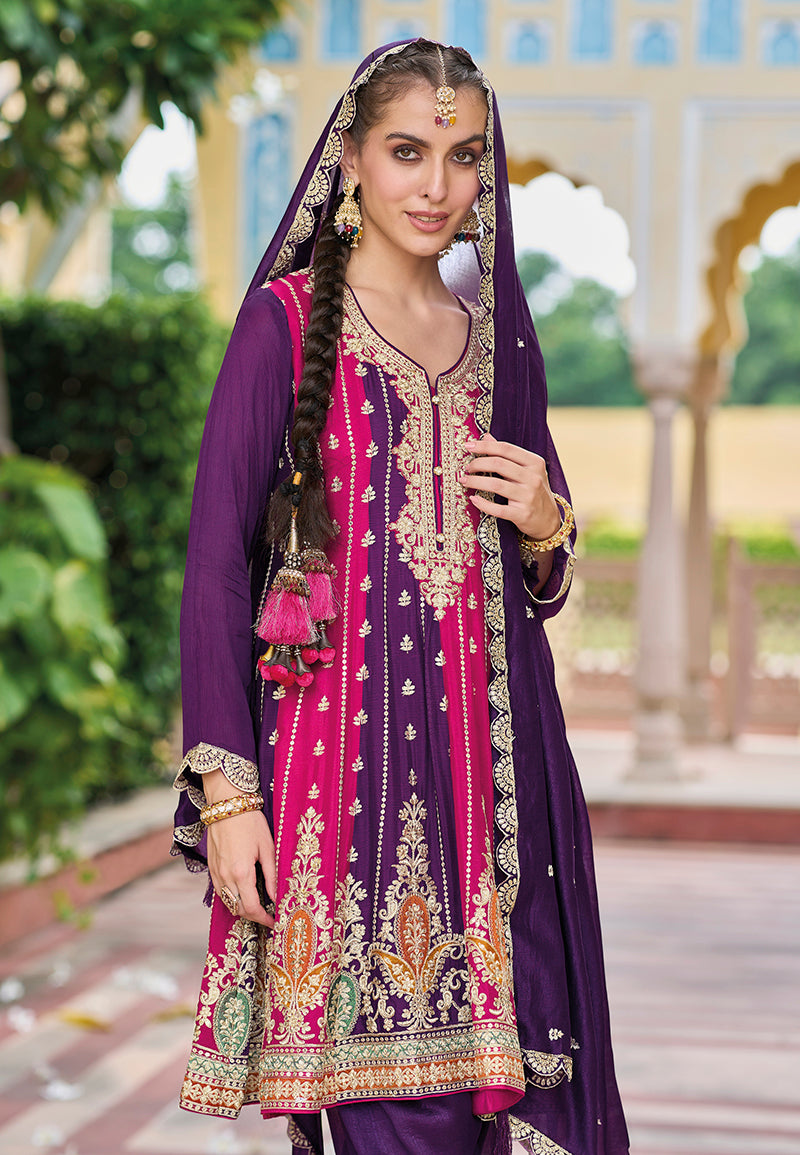 Women's Violet Colour Embroidered Premium Silk Partywear Dress - Monjolika