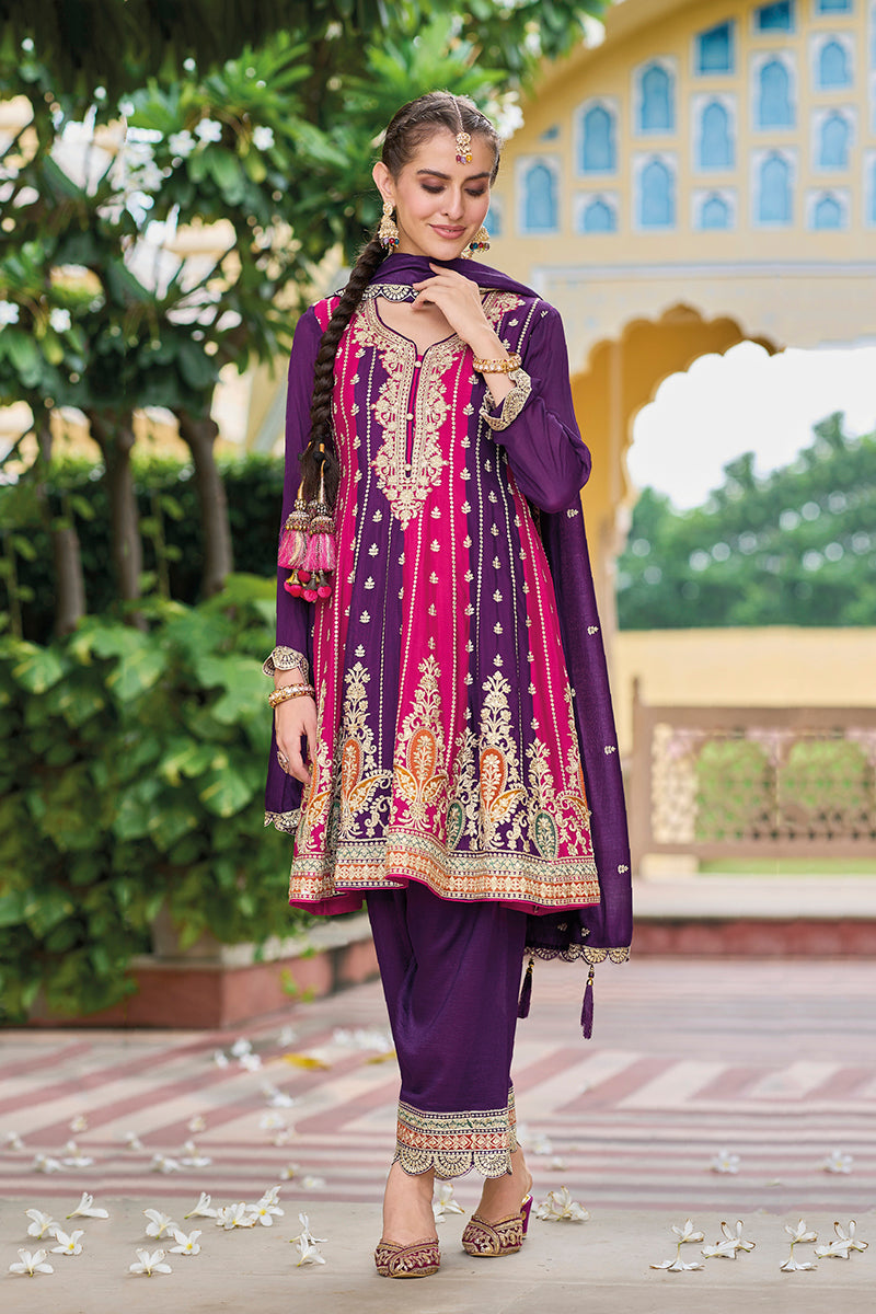 Women's Violet Colour Embroidered Premium Silk Partywear Dress - Monjolika
