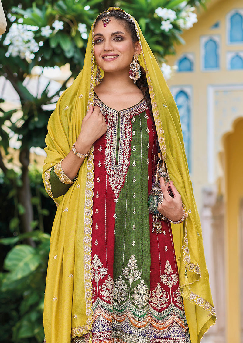 Women's Mehendi Colour Embroidered Premium Silk Partywear Dress - Monjolika