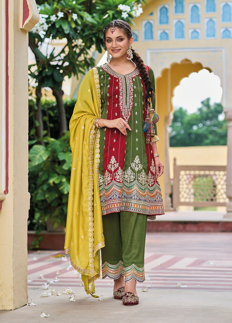Women's Mehendi Colour Embroidered Premium Silk Partywear Dress - Monjolika