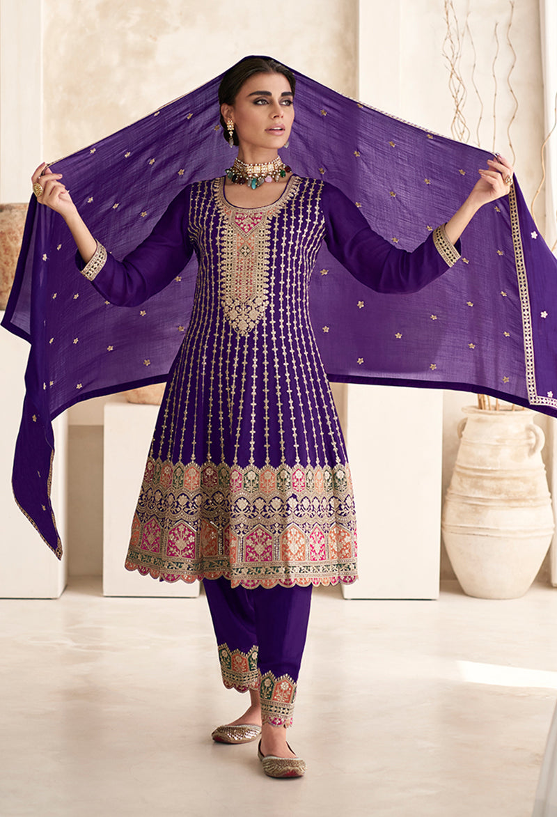 Women's Violet Color Chinon Silk Embroidered Designer Dress - Monjolika