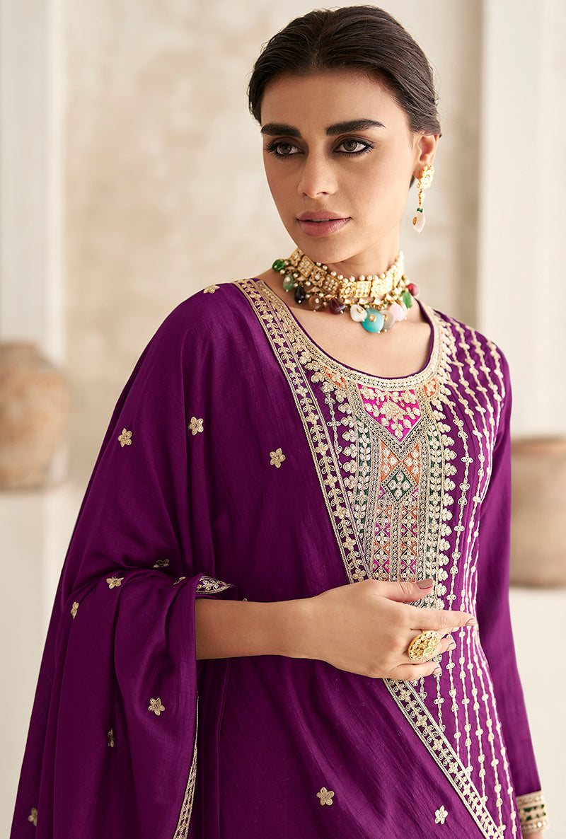 Women's Purple Color Chinon Silk Embroidered Designer Dress - Monjolika