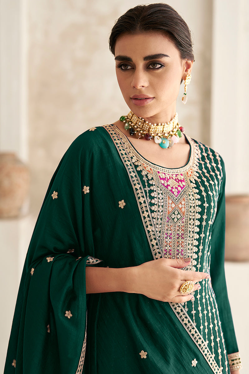 Women's Green Color Chinon Silk Embroidered Designer Dress - Monjolika