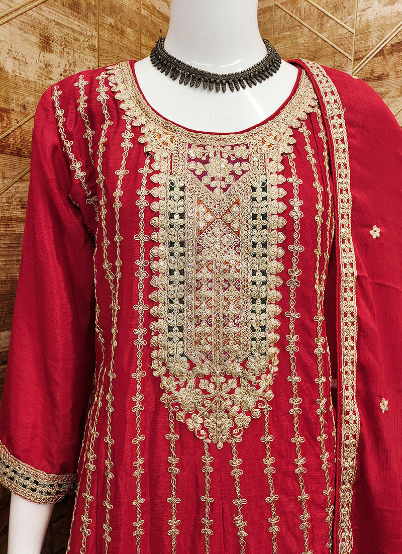 Women's Maroon Color Chinon Silk Embroidered Designer Dress - Monjolika
