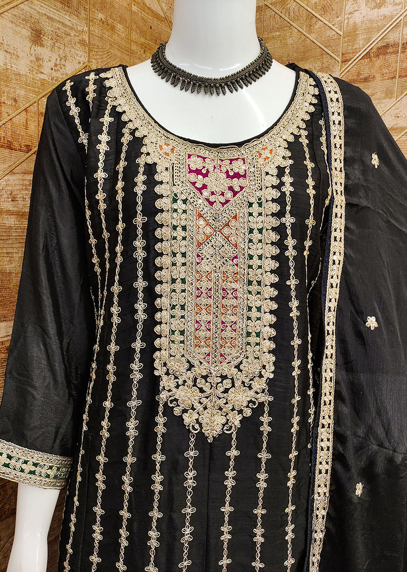 Women's Black Color Chinon Silk Embroidered Designer Dress - Monjolika