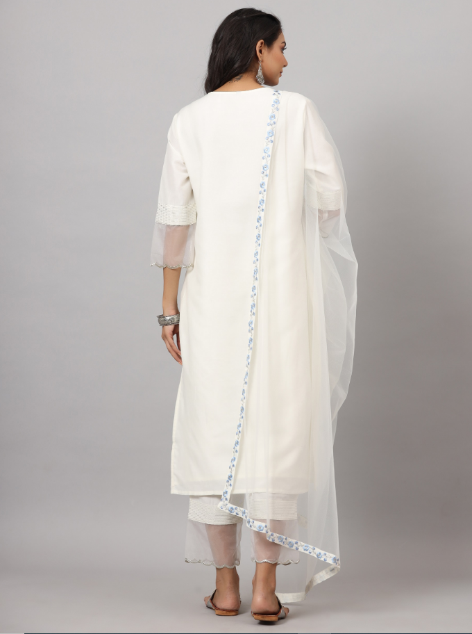 Women's White Chinnon Solid Embroidered Kurta Set - Juniper