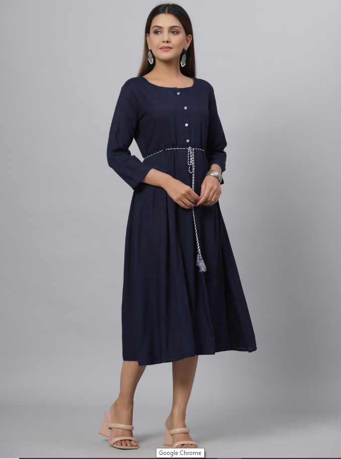 Women's Navy Rayon Slub Solid Dress - Juniper