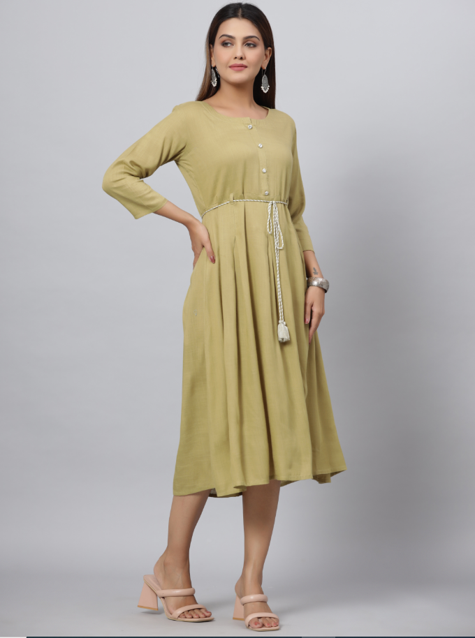 Women's Green Rayon Slub Solid Dress - Juniper