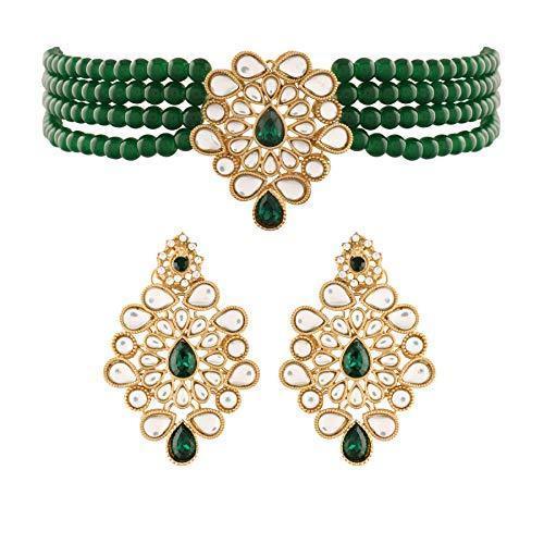 Women's Gold Plated Green Kundan with Beads Choker Necklace Set