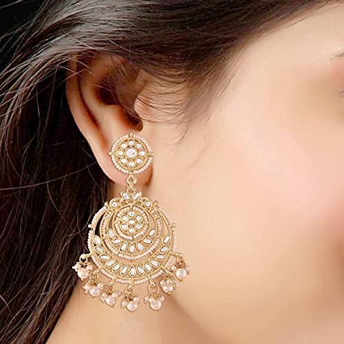 Women's  Gold Plated White Beaded Chandbali Earrings Glided With Kundans & Pearls