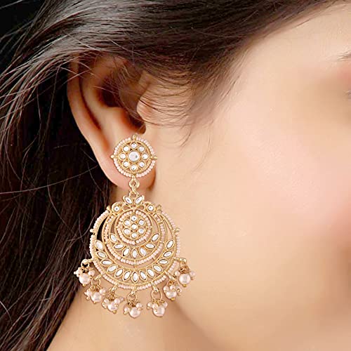 Women's Traditional Gold Plated Chandbali Kundan & Pearl Earring Set with Maang Tikka