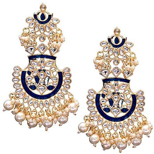 Women's  Gold Plated Meenakari Blue Earrings Glided With Kundans & Pearls