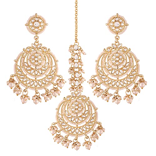 Women's Traditional Gold Plated Chandbali Kundan & Pearl Earring Set with Maang Tikka