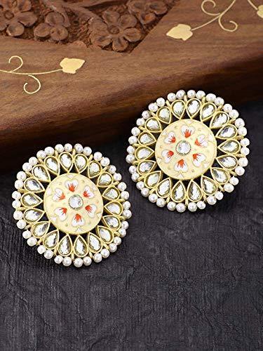 Women's  Gold Plated Round Kundan Pearl Meena Work Handcraft Cream Stud Earring
