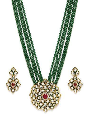 Women's 5 Layered Emerald Onyx Crystal Beads Alloy Necklace Set Glided With Uncut Polki Kundan