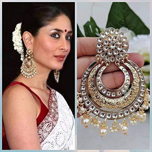 Women's  High Gold Matt Finish Plated Alloy Chandbali Kundan And Pearl Meenakari  Earrings