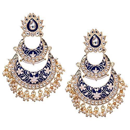 Women's Blue Gold Plated Meenakari Earrings Glided With Kundans & Pearls