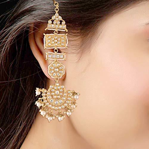 Women's Gold Plated Zinc Matte Finish Kundan And Pearl White Chandbali Earring