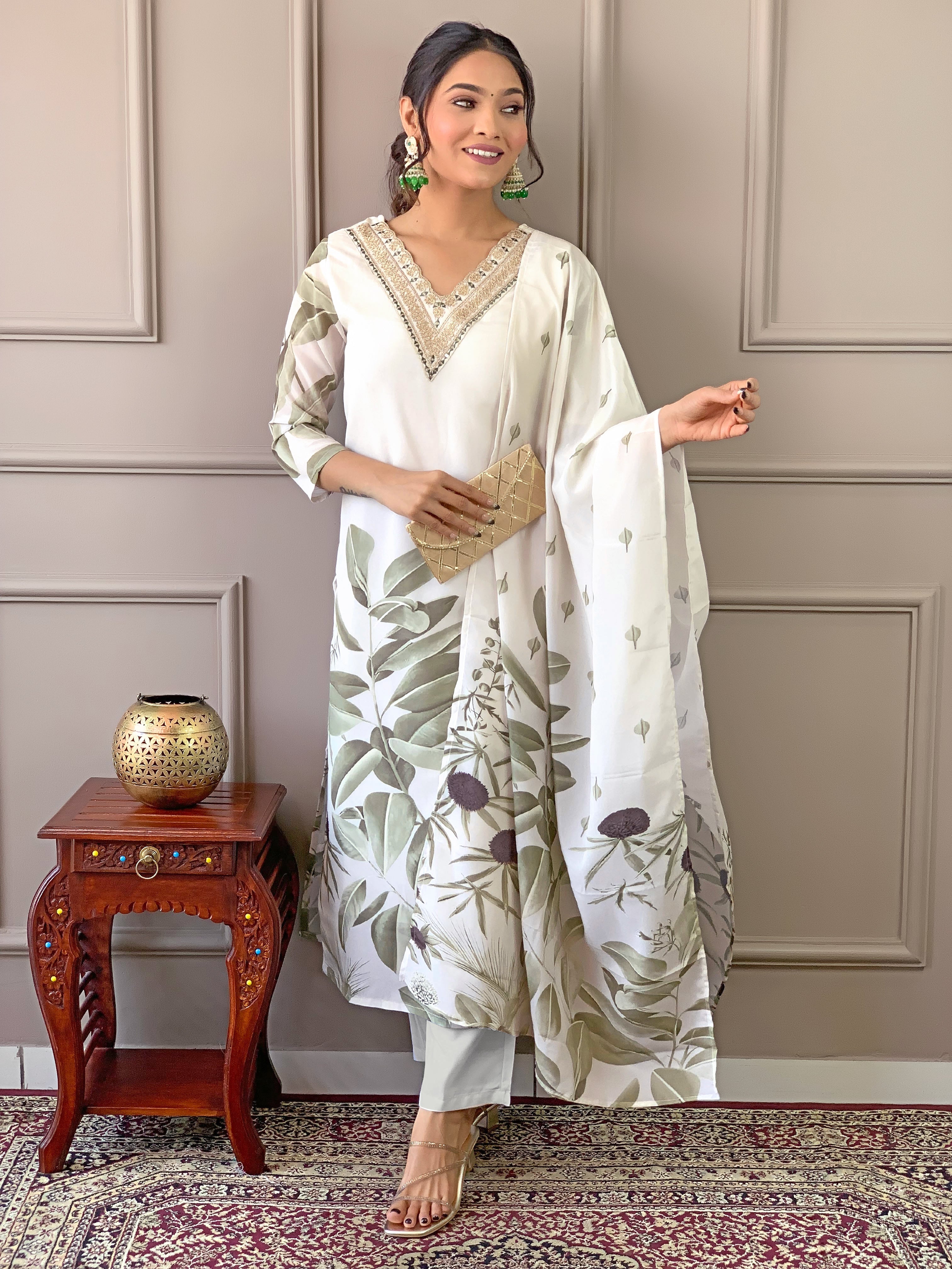 Women's V Neck Embroidered Work, French Crepe With Cotton Lining Kurta & Pant With Dupatta Set - Taantav