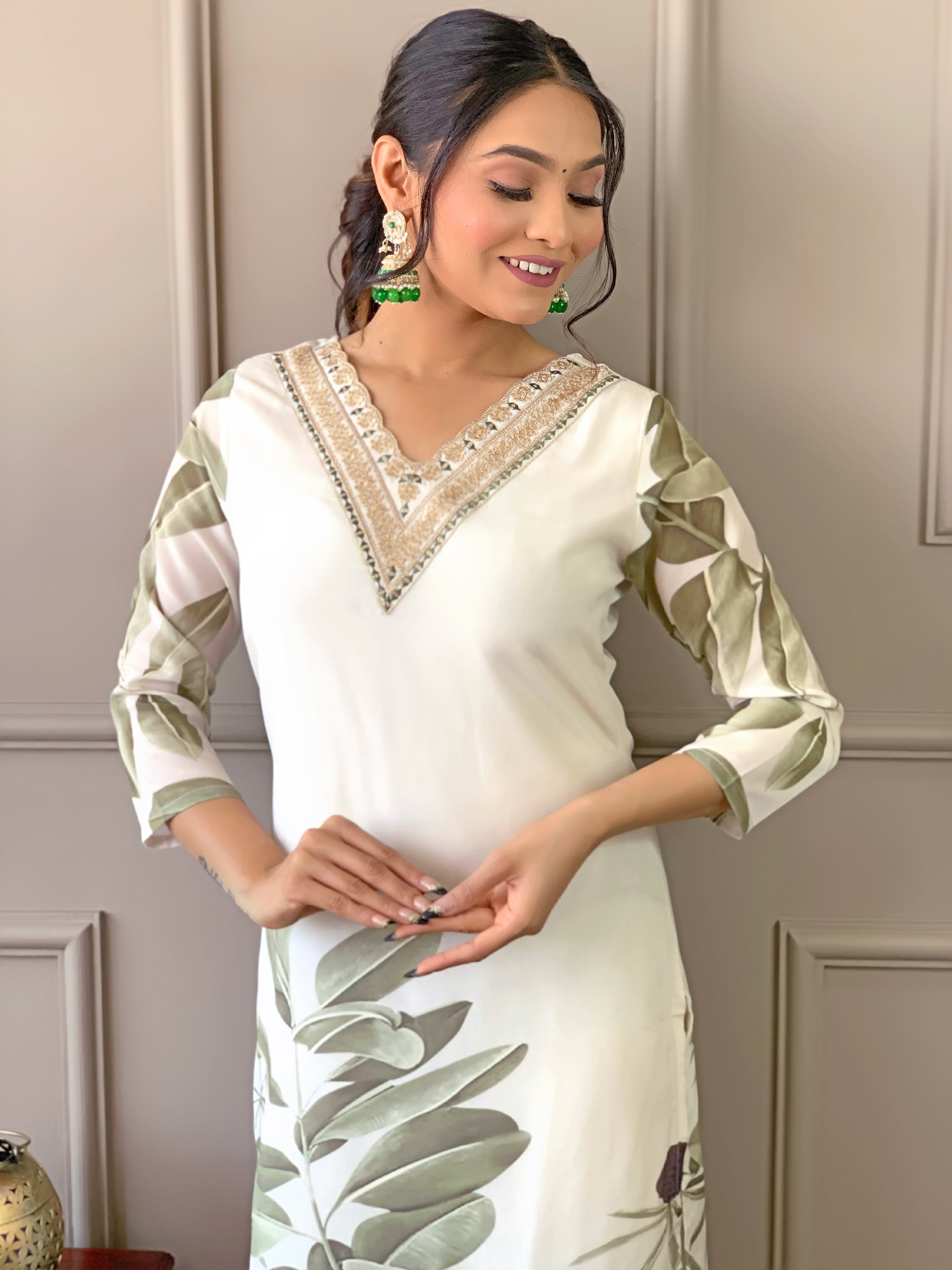 Women's V Neck Embroidered Work, French Crepe With Cotton Lining Kurta & Pant With Dupatta Set - Taantav