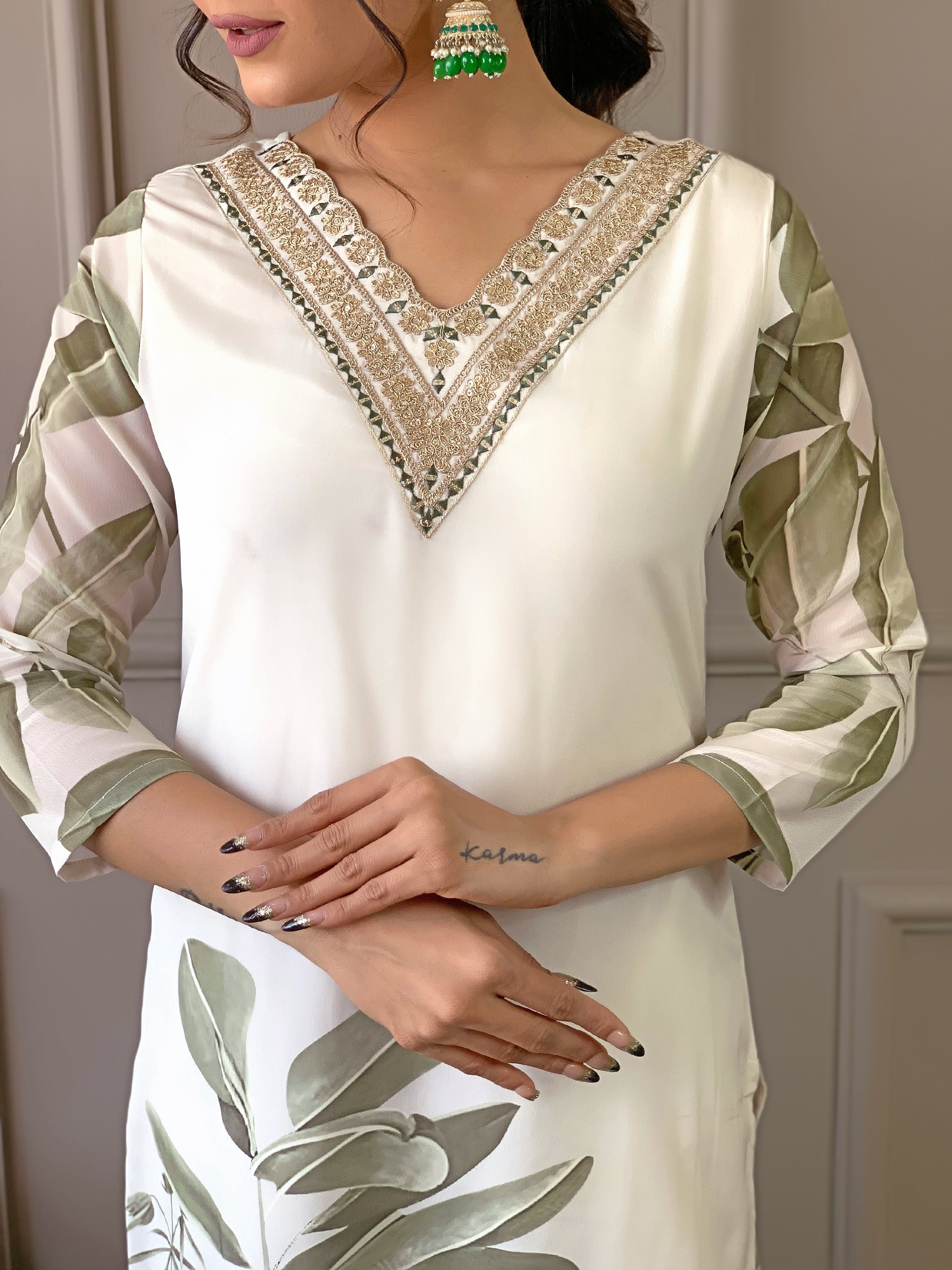 Women's V Neck Embroidered Work, French Crepe With Cotton Lining Kurta & Pant With Dupatta Set - Taantav