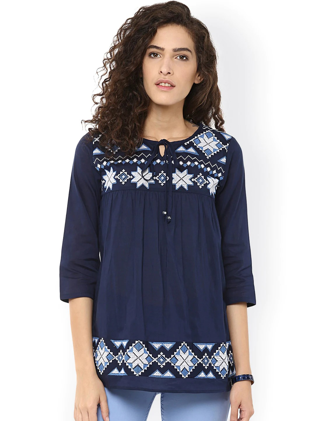Women's  Navy Embroidered Top
