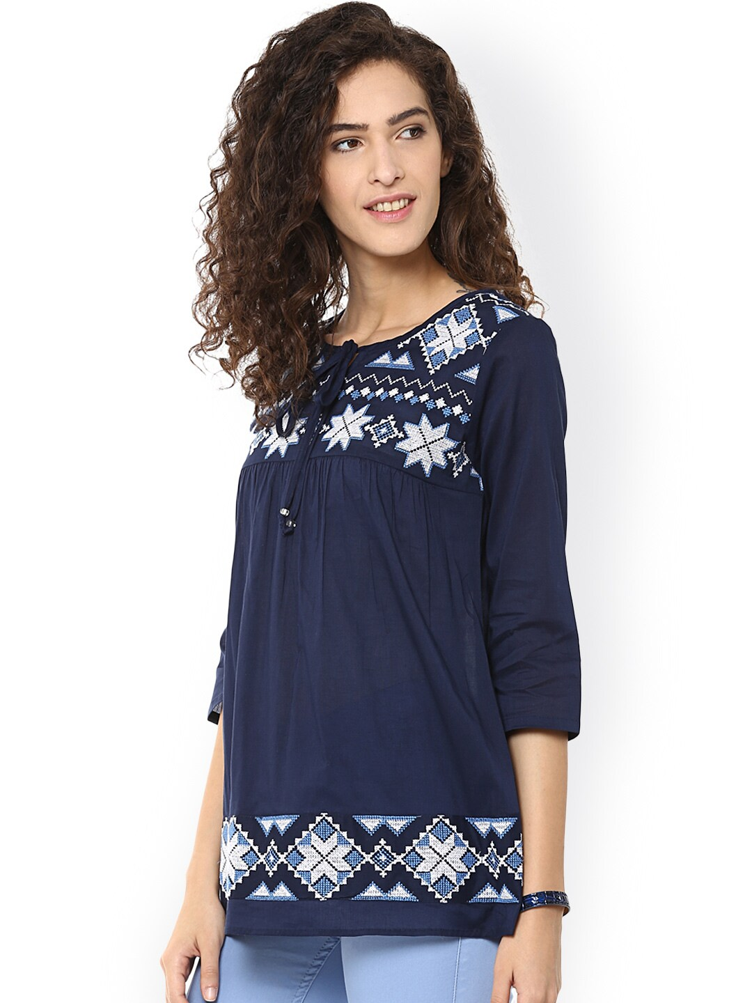 Women's  Navy Embroidered Top