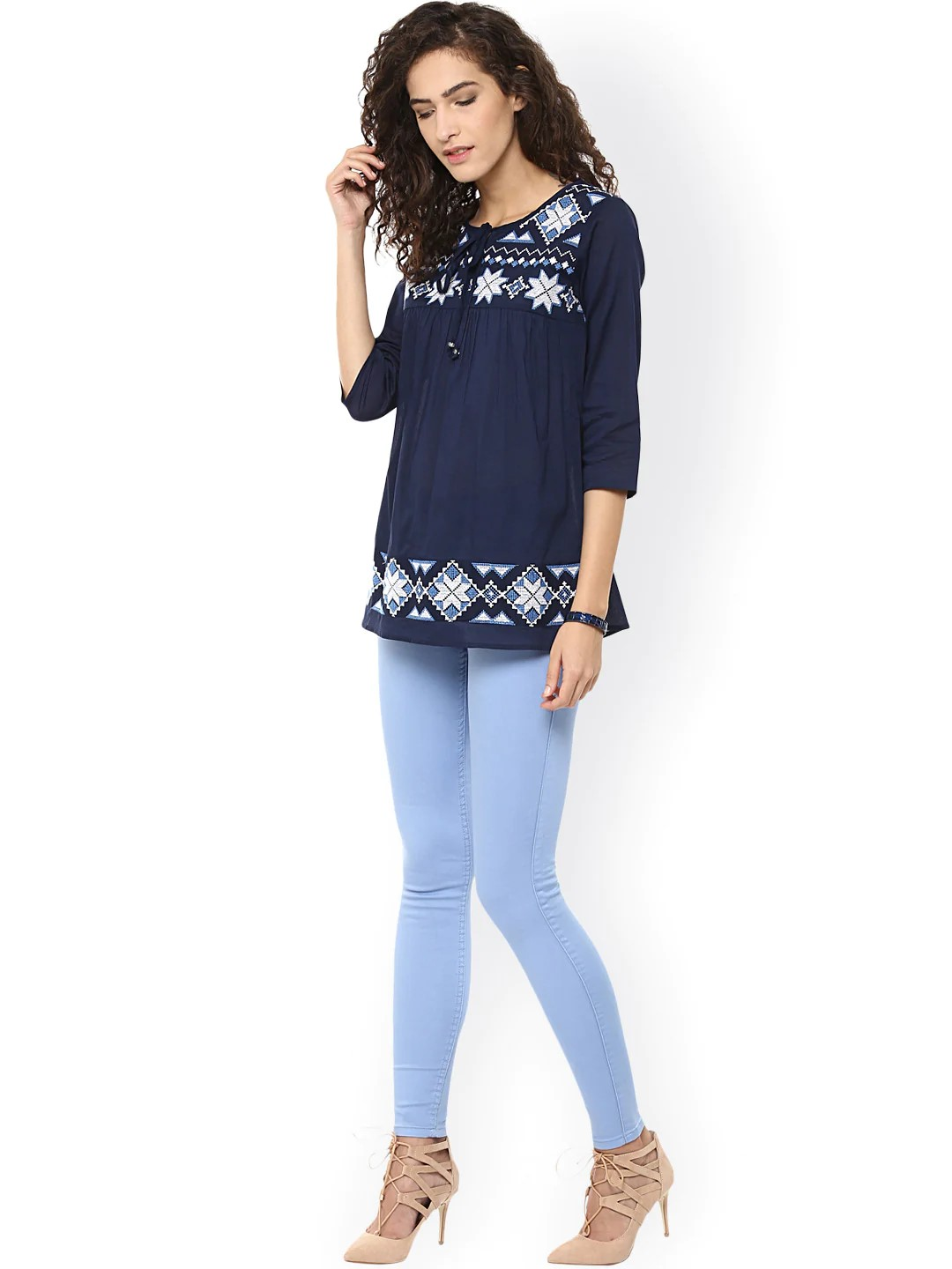 Women's  Navy Embroidered Top