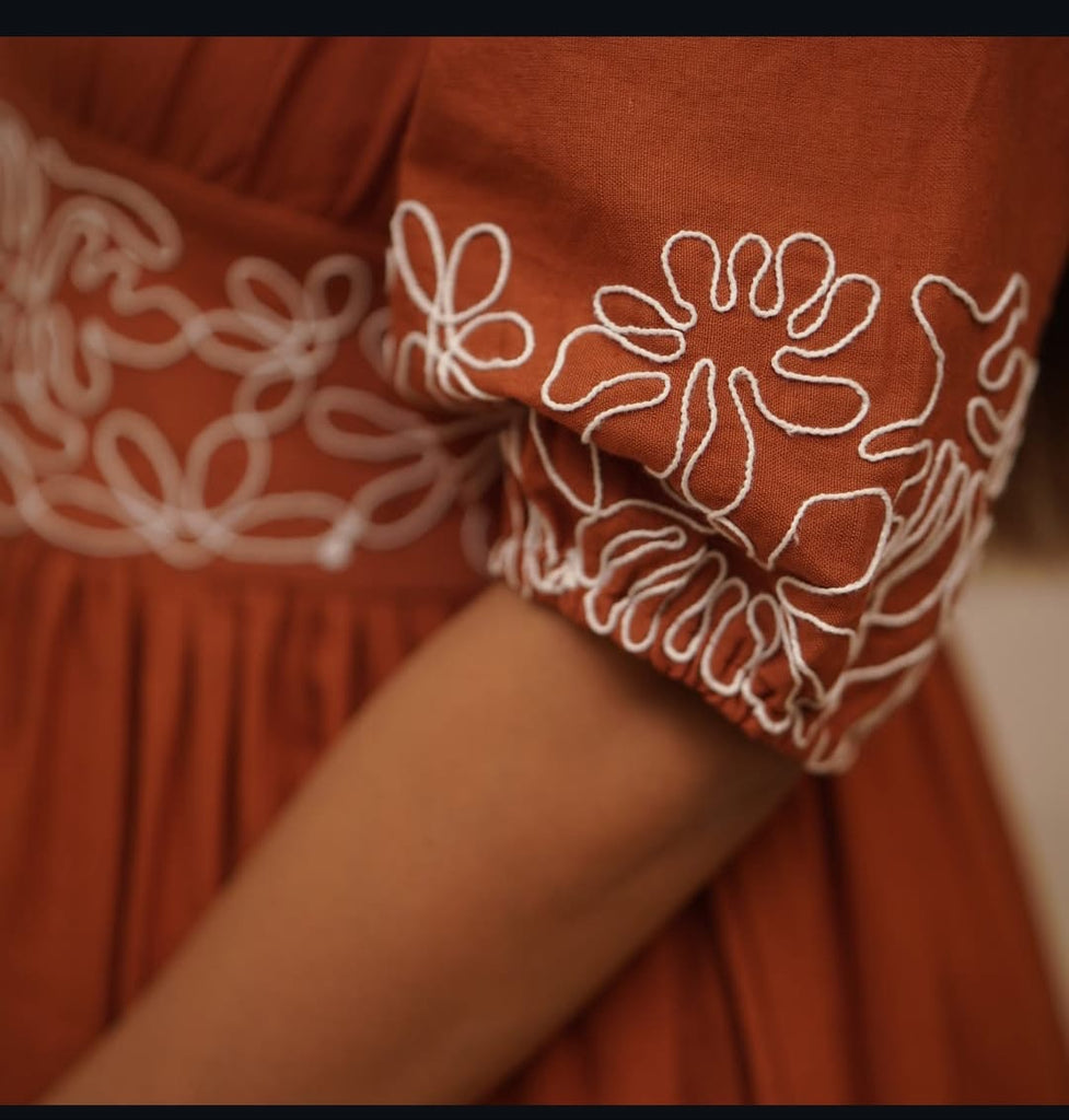 Women's Floral Printed Brown V-Neck Pure Cotton Dress