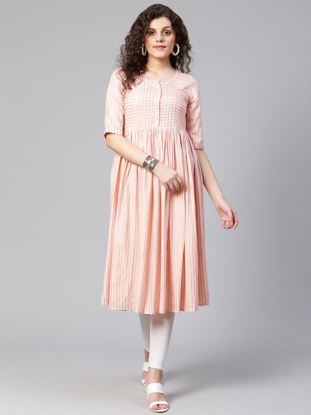 Women's Pink & Golden Striped Anarkali Kurta