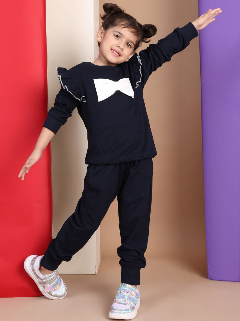 Girl's Navy Blue Pure Cotton Solid Co-Ord Set
