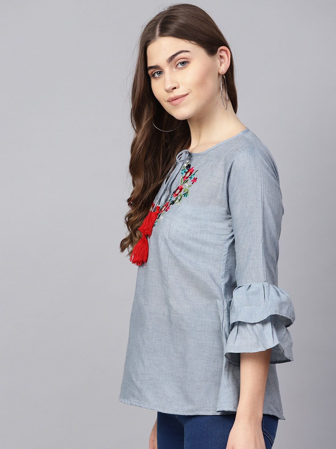 Women's  Blue Embroidered Detail Chambray A-Line Top