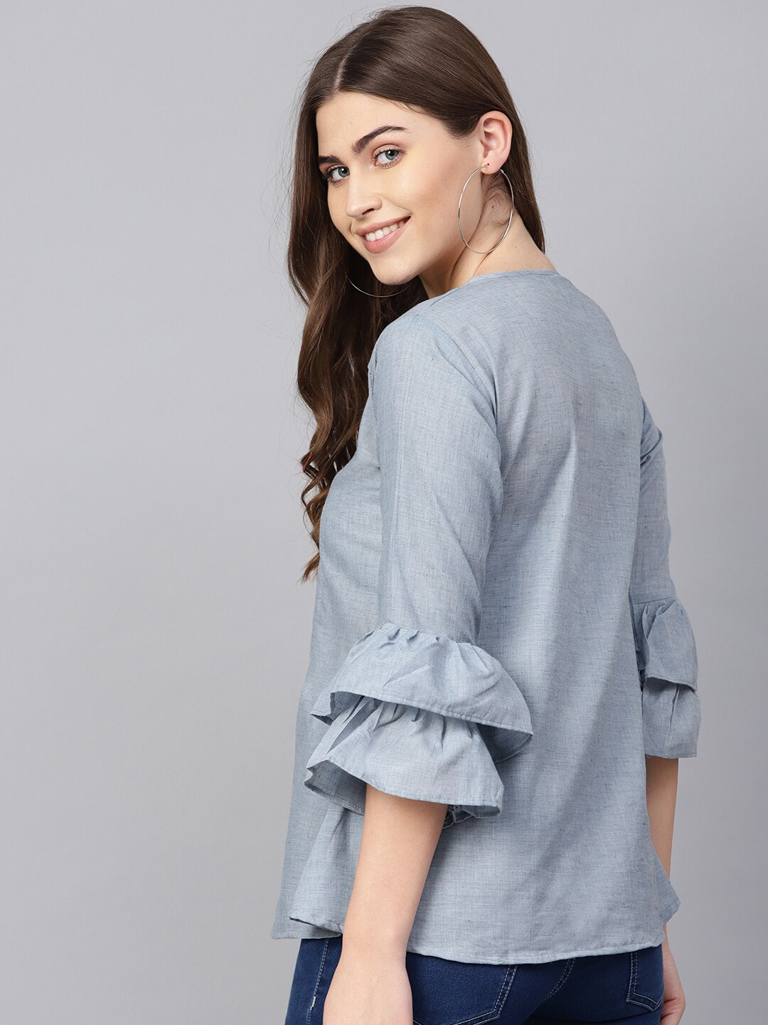 Women's  Blue Embroidered Detail Chambray A-Line Top