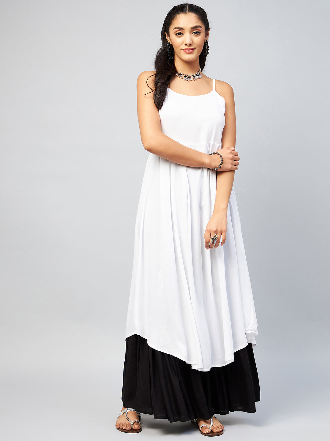 Women's Solid White Strappy Kurta - InWeave