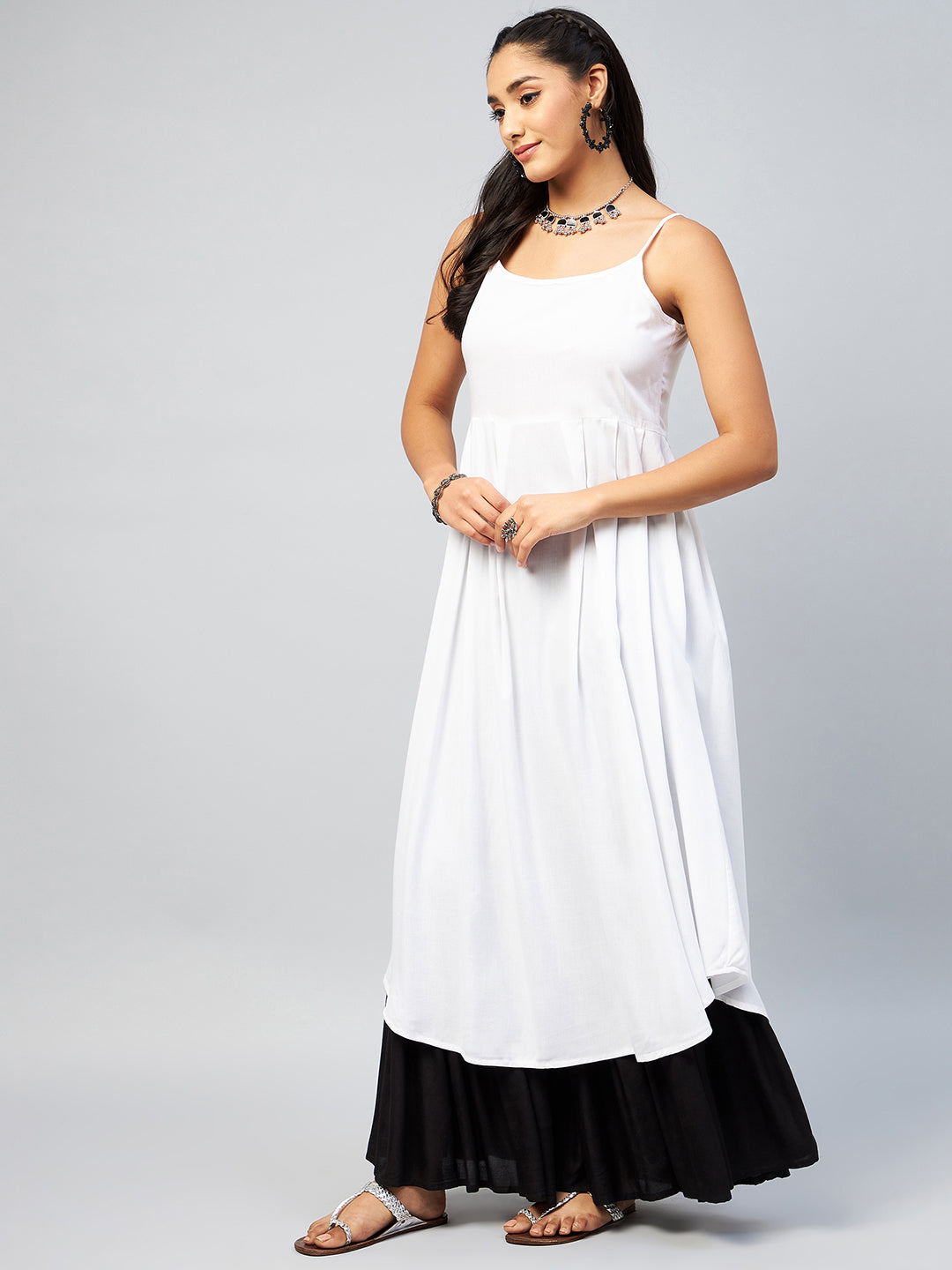 Women's Solid White Strappy Kurta - InWeave