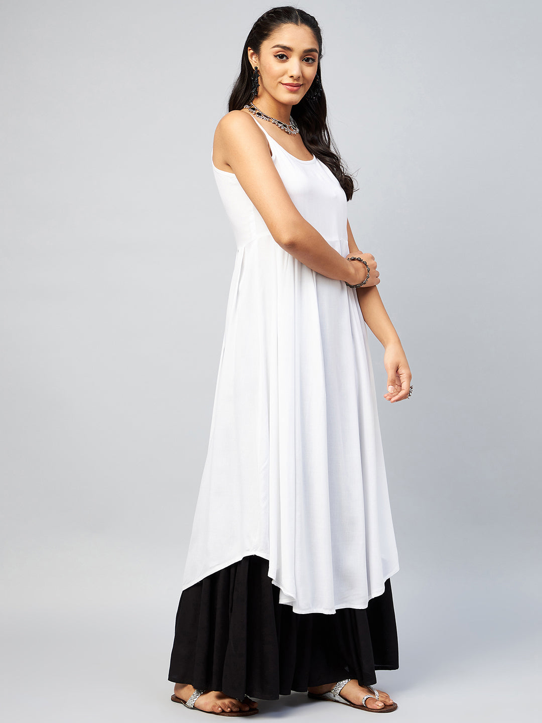 Women's Solid White Strappy Kurta - InWeave