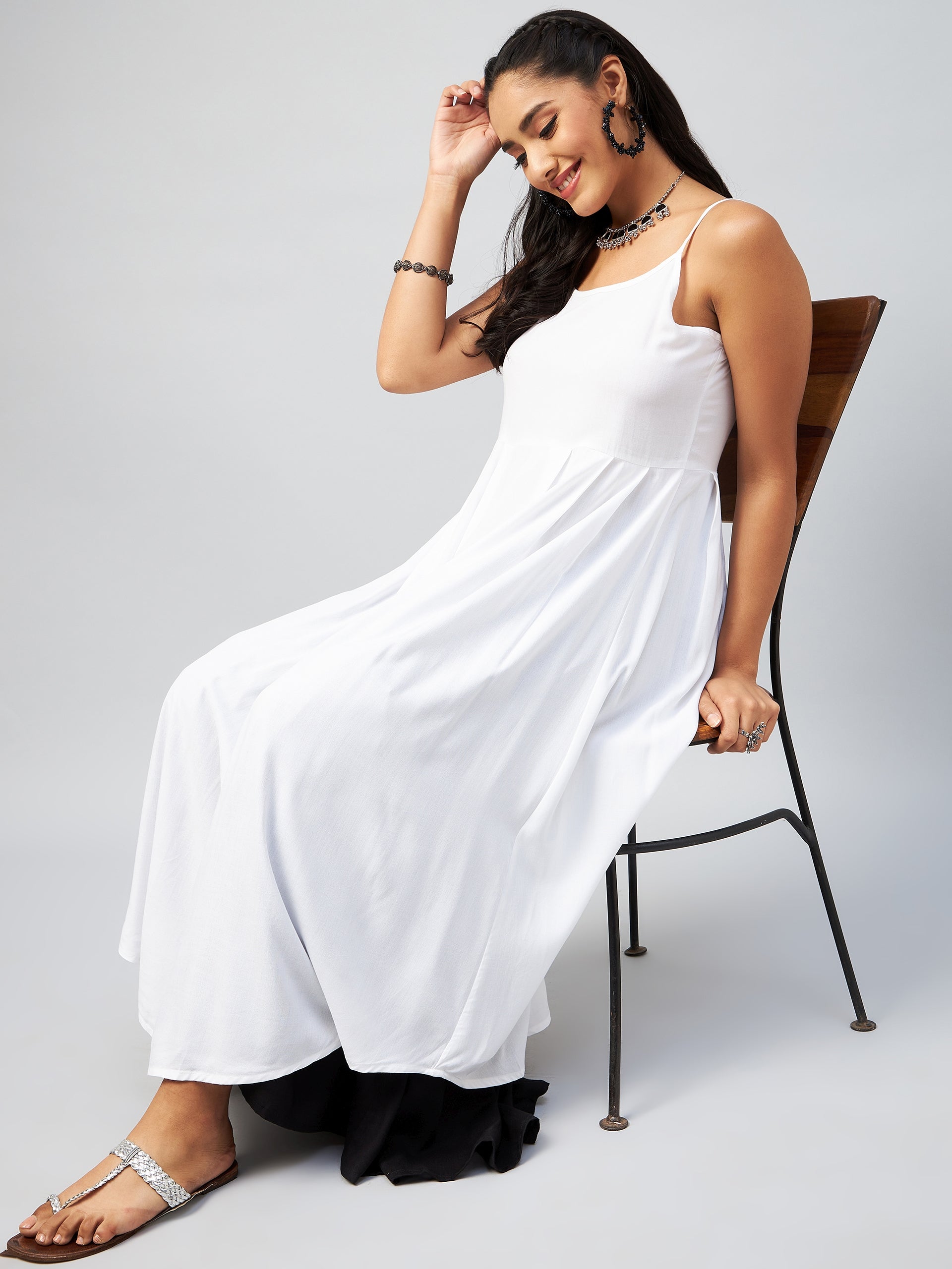 Women's Solid White Strappy Kurta - InWeave