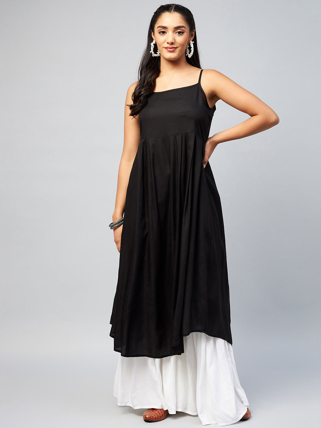 Women's Solid Black Strappy Kurta - InWeave