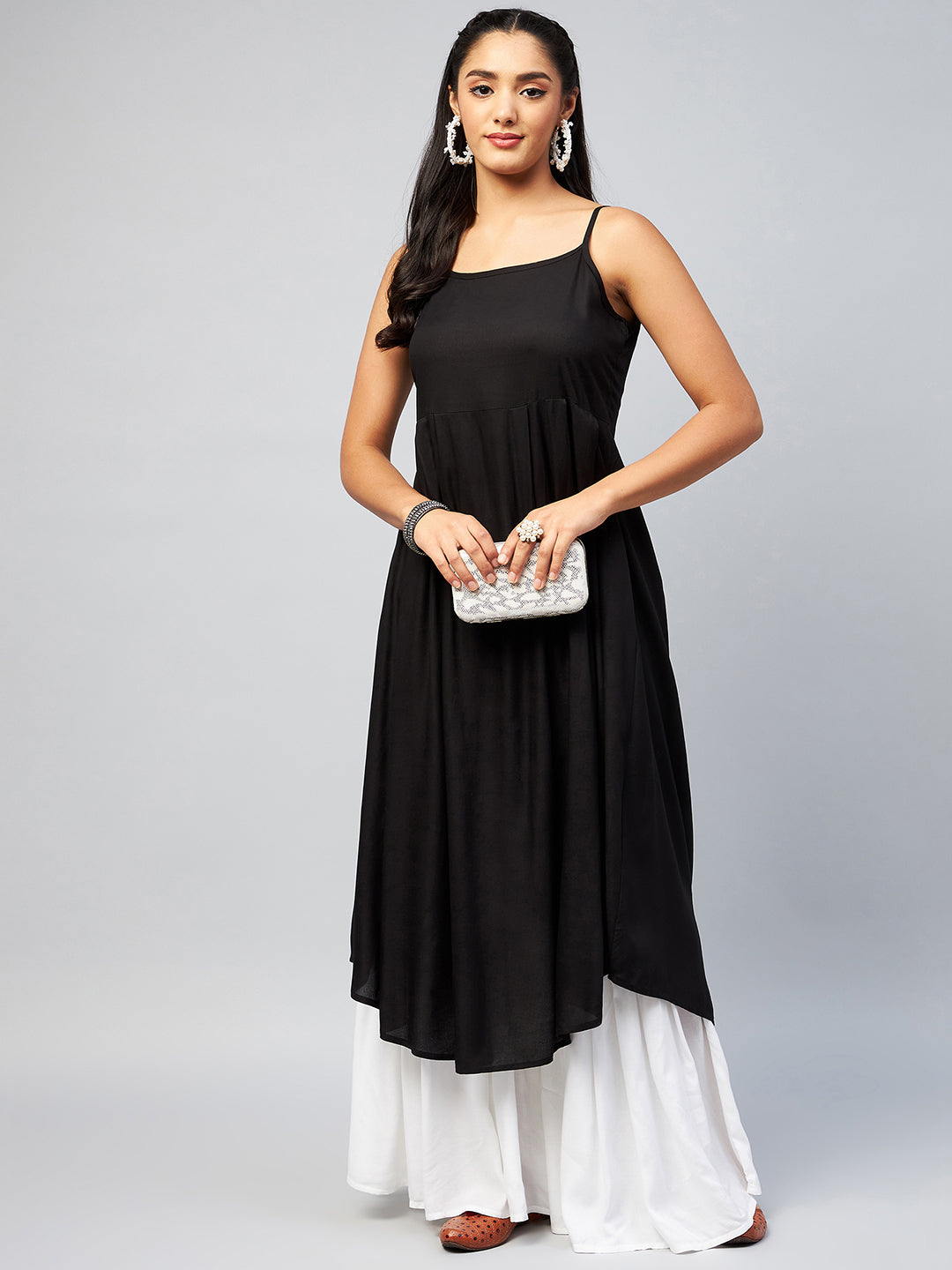 Women's Solid Black Strappy Kurta - InWeave