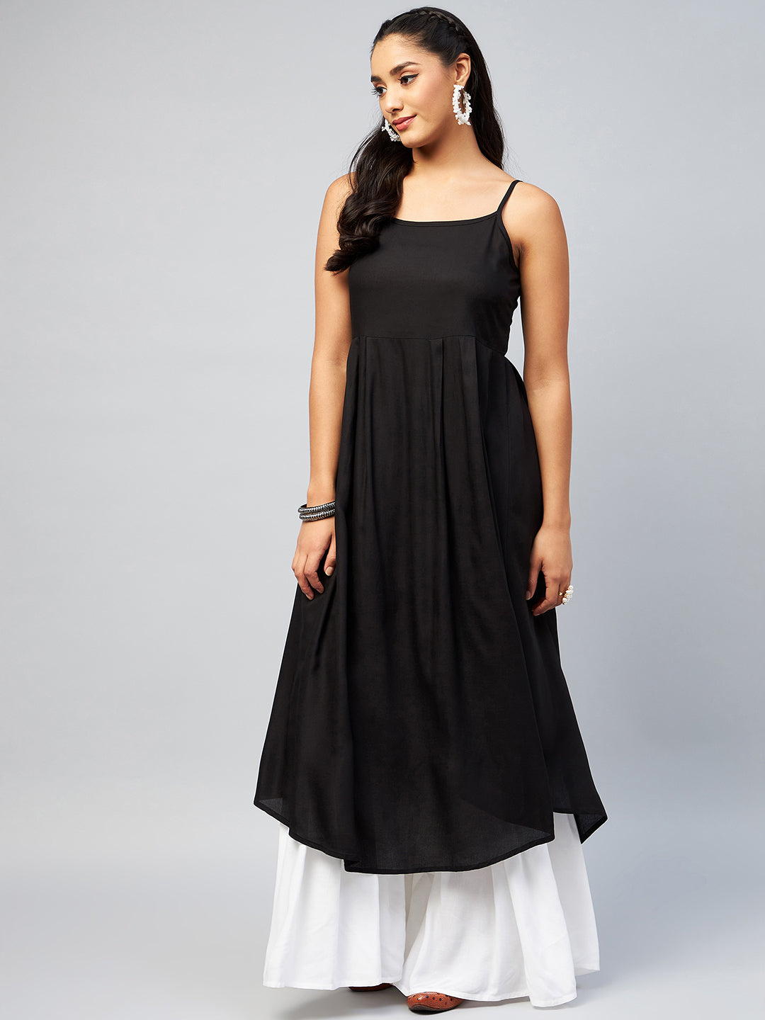 Women's Solid Black Strappy Kurta - InWeave