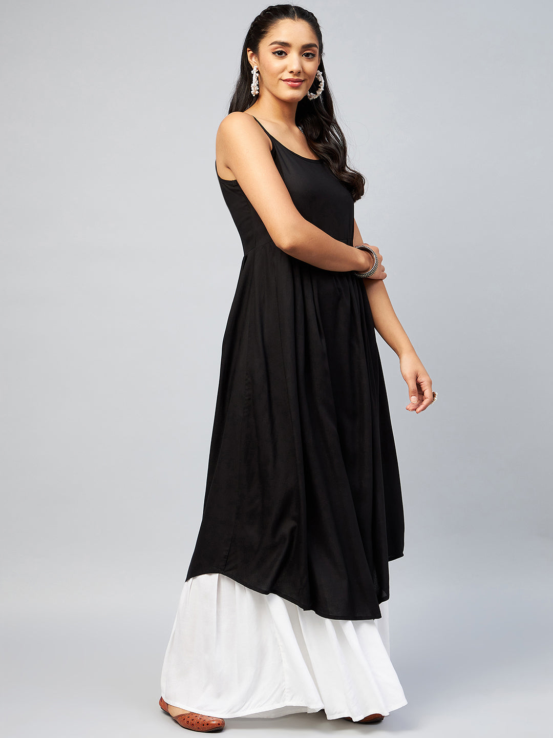 Women's Solid Black Strappy Kurta - InWeave