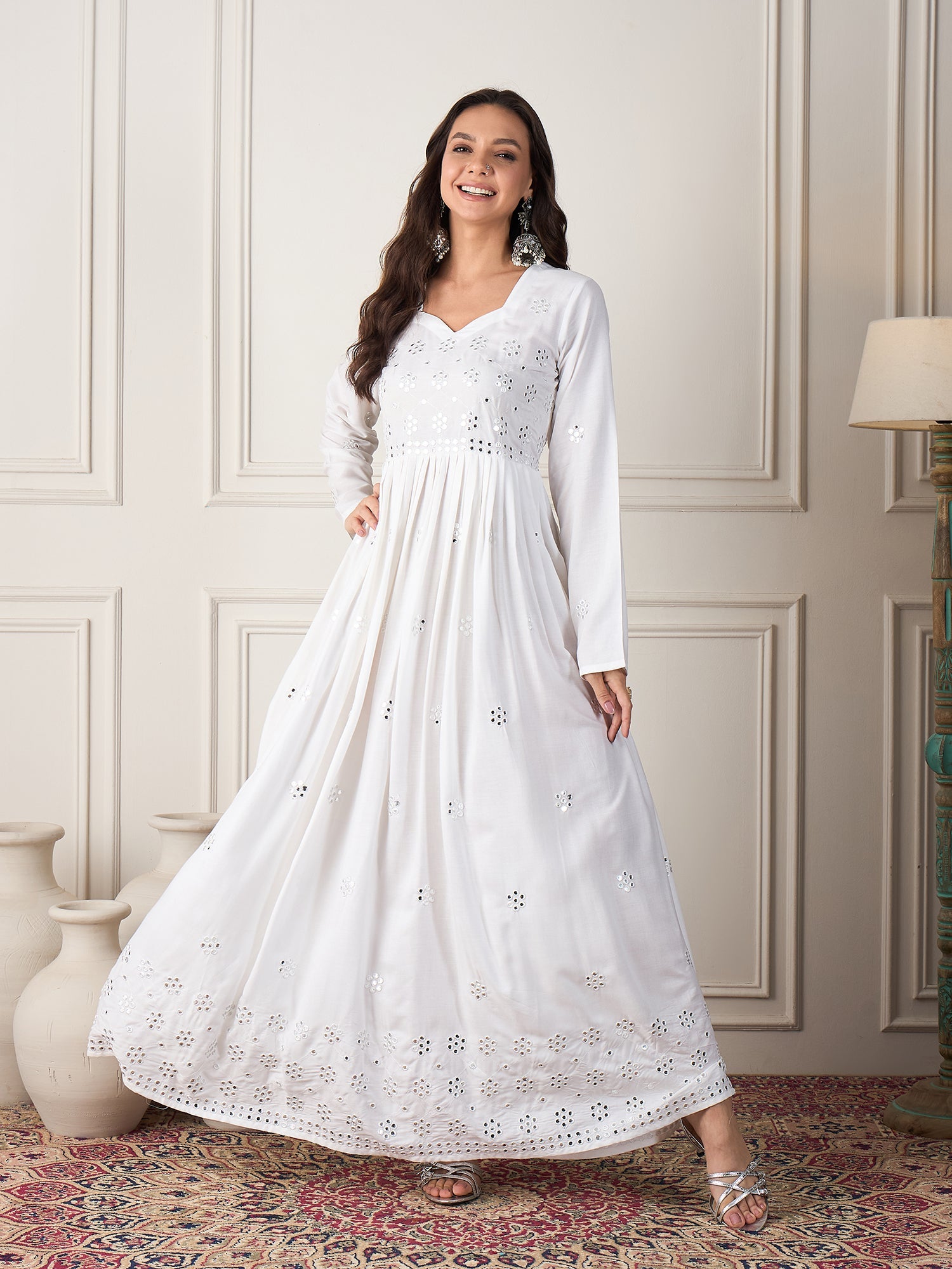 Women's White Mirror Work Long Anarkali Kurta - InWeave