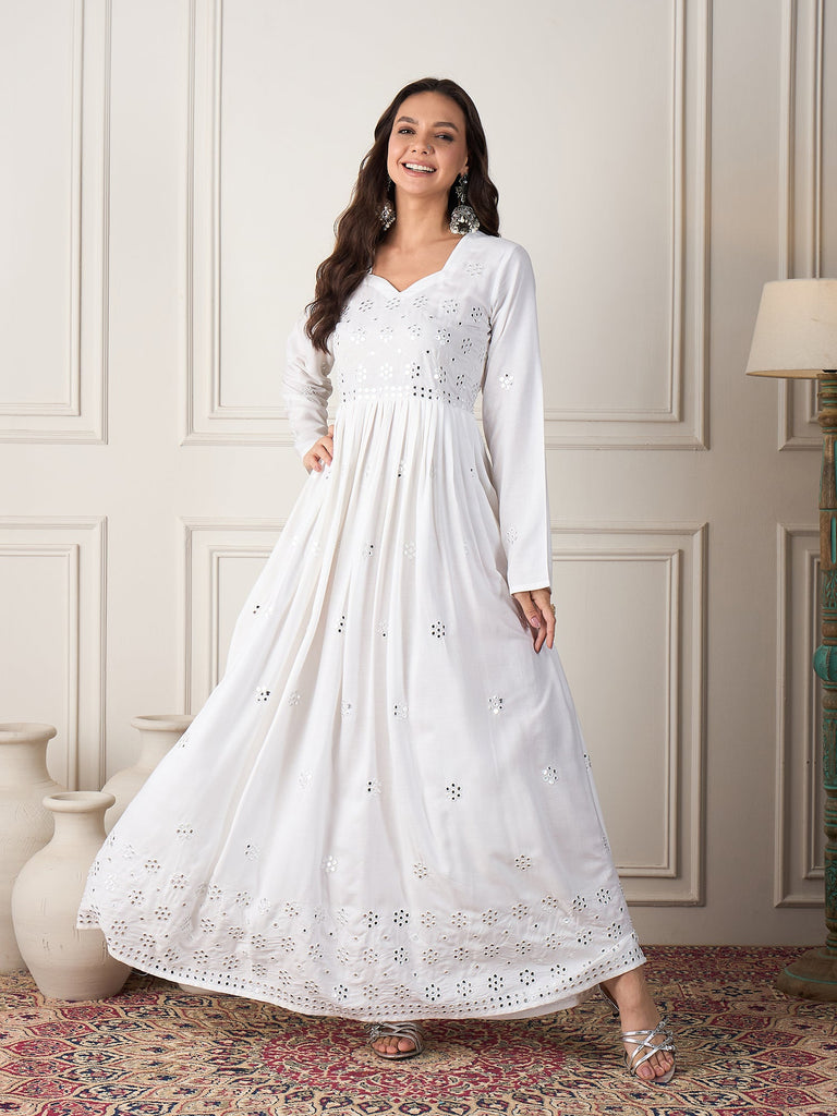 Women's White Mirror Work Long Anarkali Kurta