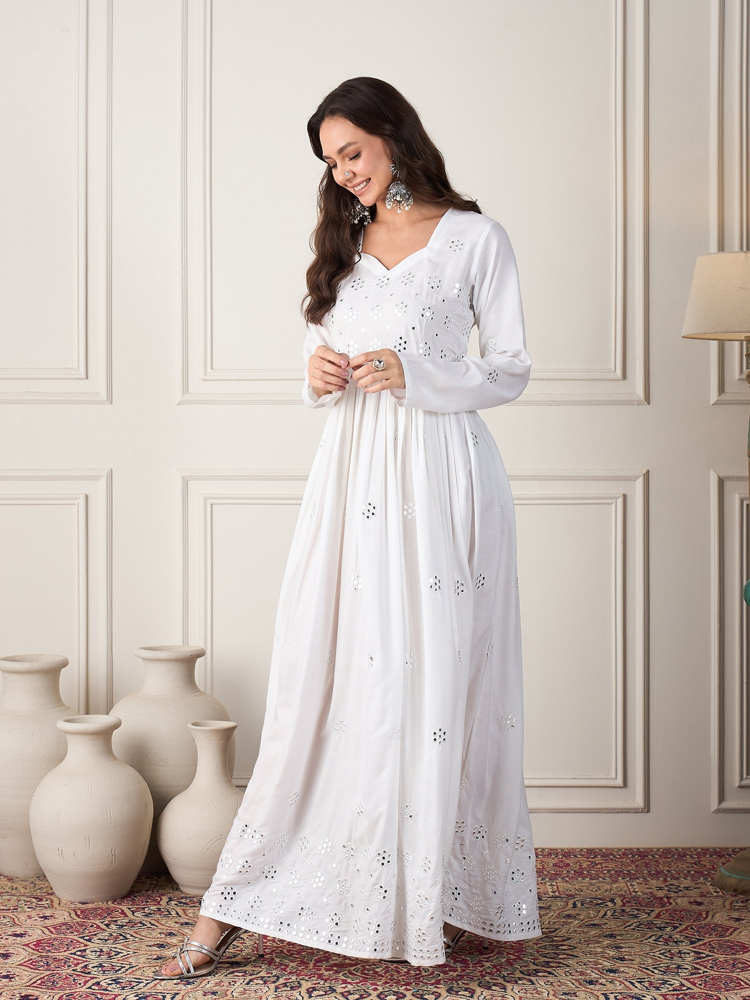 Women's White Mirror Work Long Anarkali Kurta - InWeave