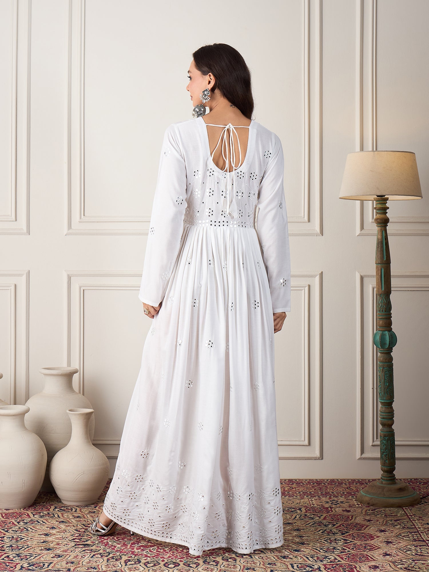 Women's White Mirror Work Long Anarkali Kurta - InWeave