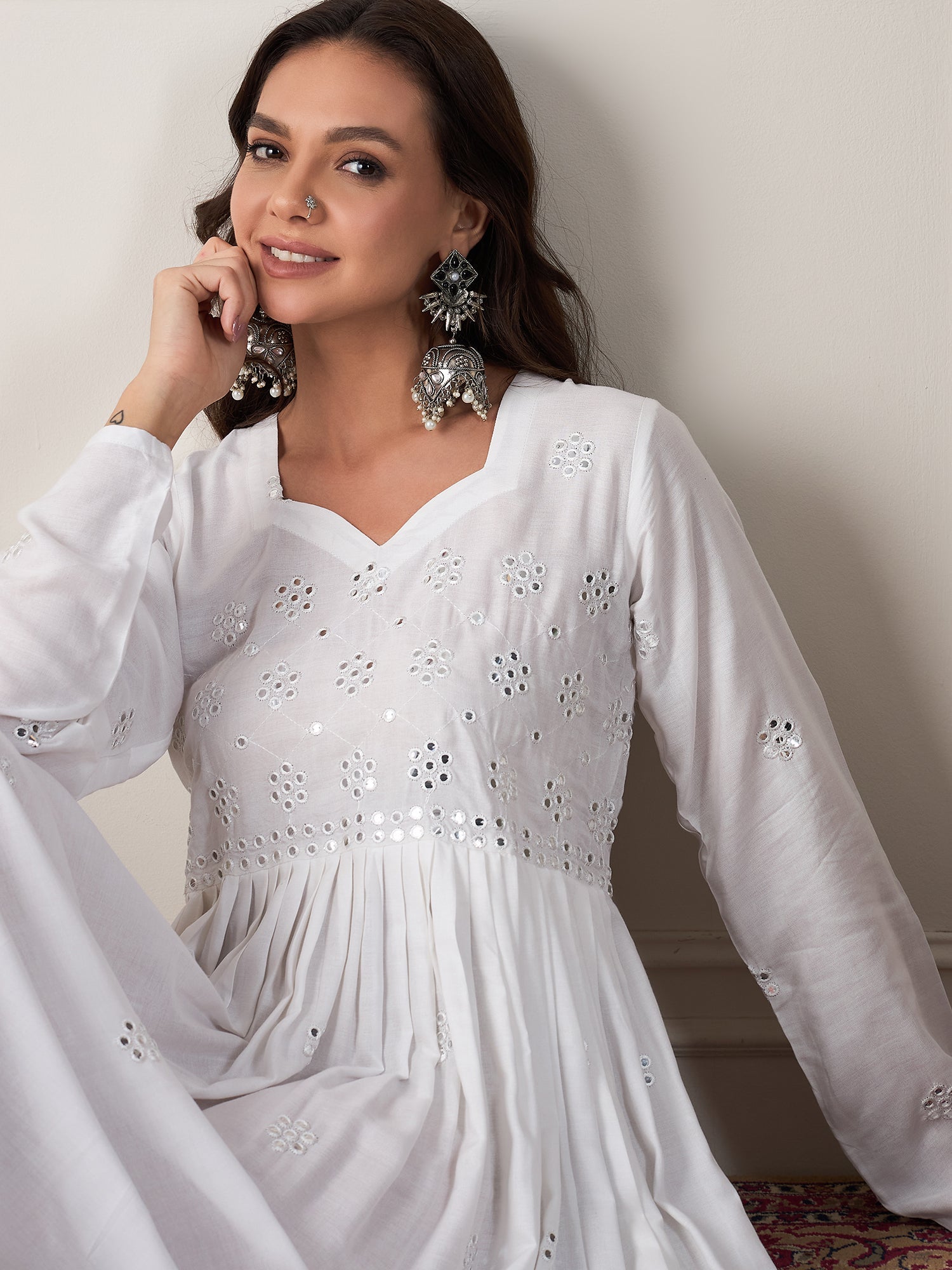 Women's White Mirror Work Long Anarkali Kurta - InWeave