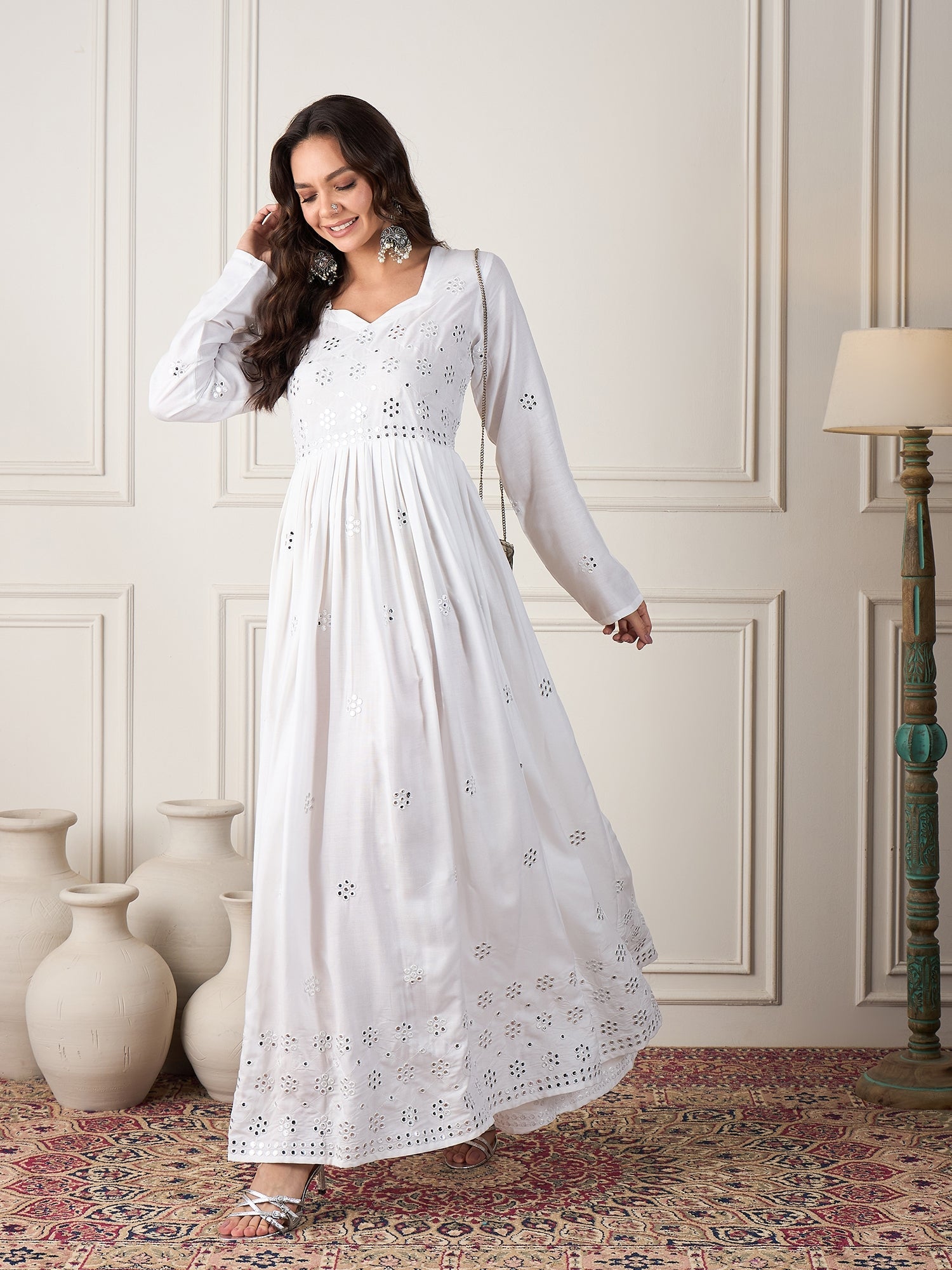 Women's White Mirror Work Long Anarkali Kurta - InWeave