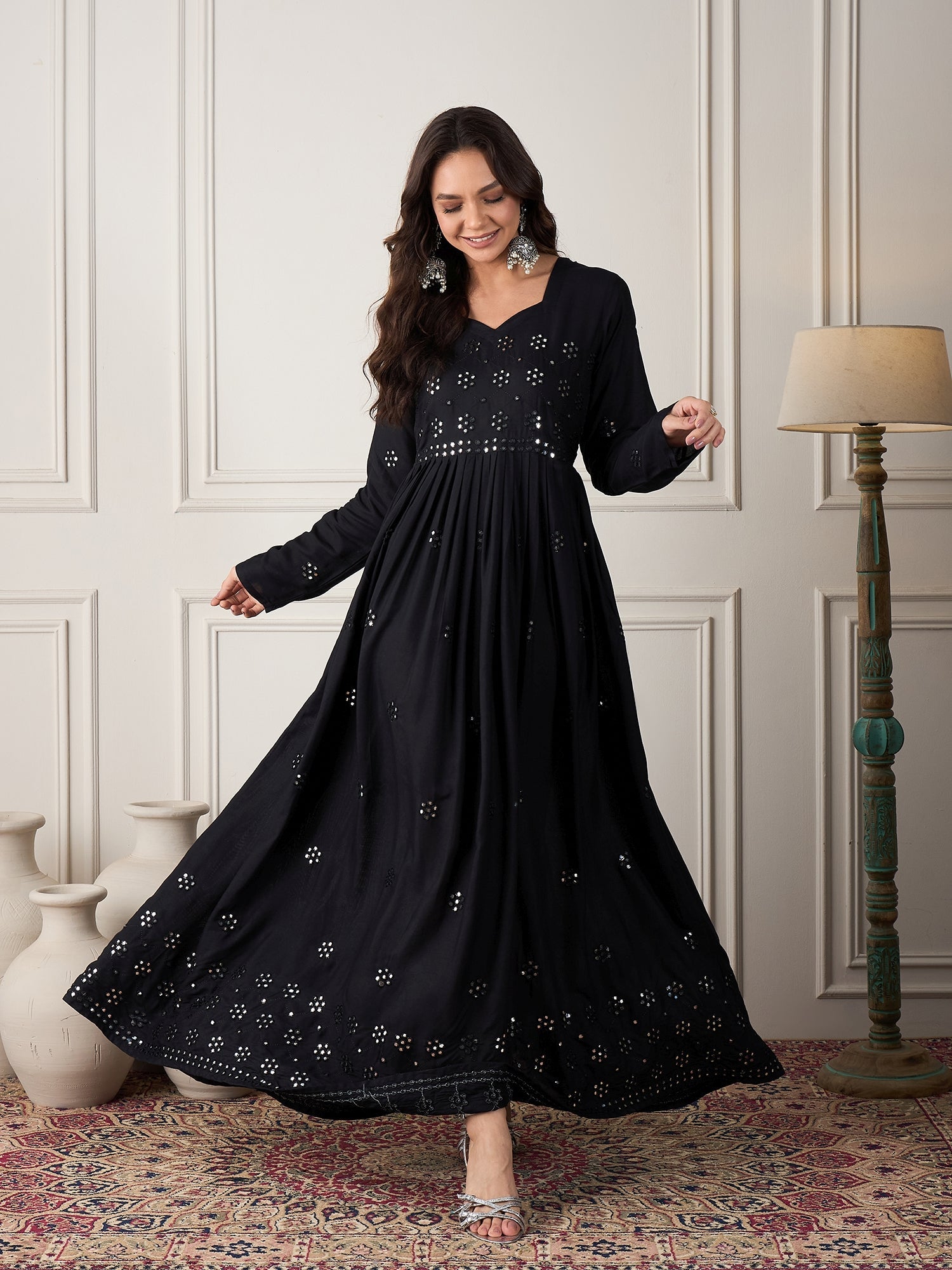 Women's Black Mirror Work Long Anarkali Kurta - InWeave