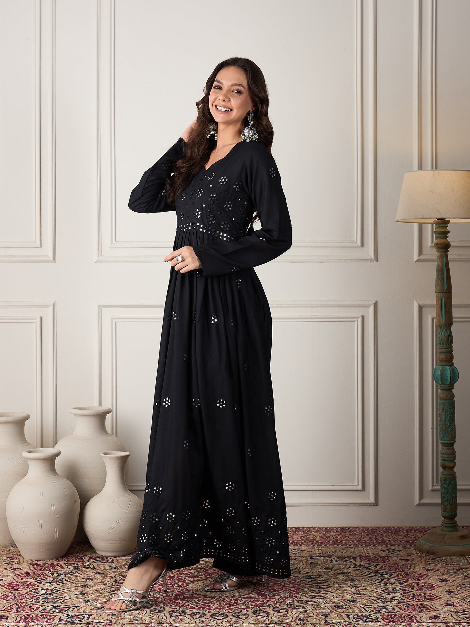 Women's Black Mirror Work Long Anarkali Kurta - InWeave