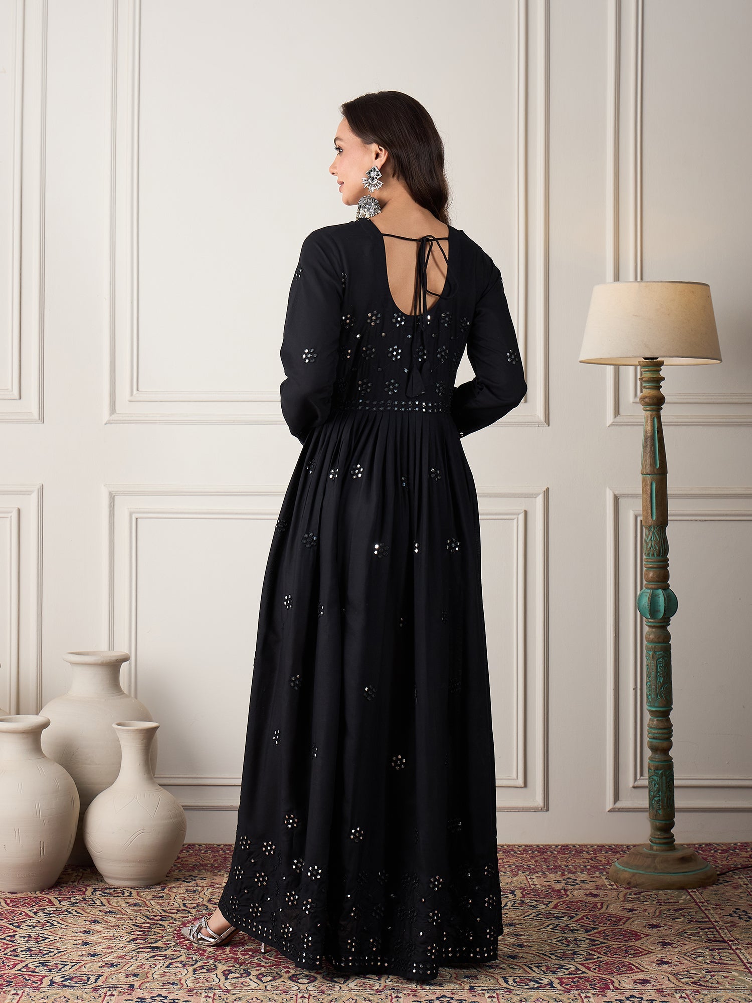 Women's Black Mirror Work Long Anarkali Kurta - InWeave